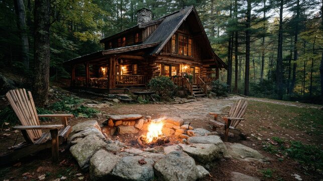 A log cabin in the woods with an outdoor fire pit and wooden chairs, with warm light coming from inside, surrounded by a large stone fire ring and tall trees in a pine forest
