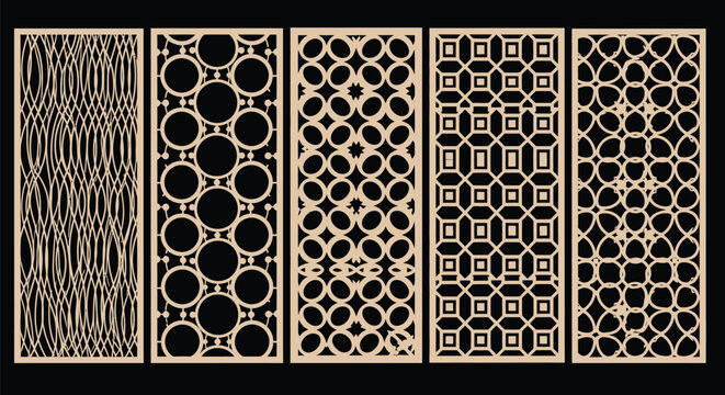 Collection of five decorative laser cut screen panels with diverse abstract geometric ornamental patterns.