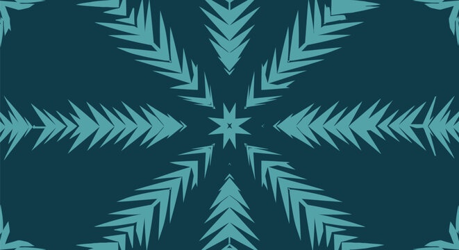 Seamless floral pattern design featuring symmetrical pine tree branches in teal shades arranged in a beautiful radial mandala style for decorative wall paper art.