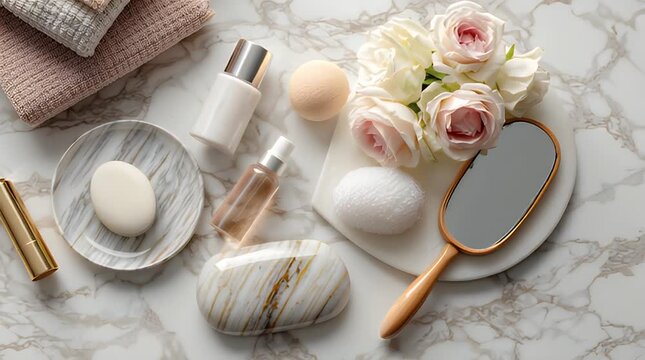Luxury skincare products arranged on elegant marble with roses and hand mirror in a premium cinematic overhead panning glide for beauty marketing