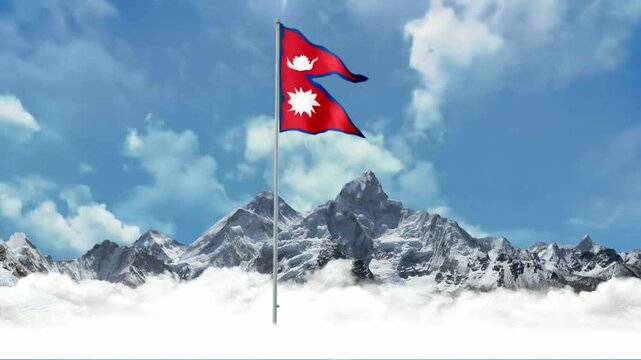 Nepal national flag waving with snowy Himalayan mountain landscape and bright blue sky travel destination background