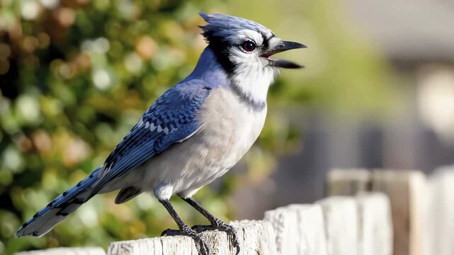 Close Up Blue Jay Perched on Fence Backyard Nature Wildlife Stock Video for Commercial Use