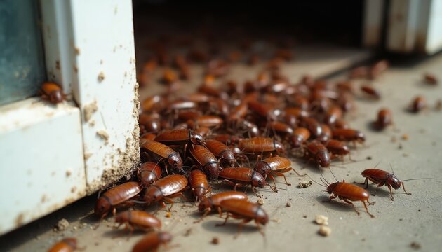 Close up view of many brown cockroaches crawling on floor near wall and door. Insect swarm inside human dwelling causes discomfort and requires pest control.