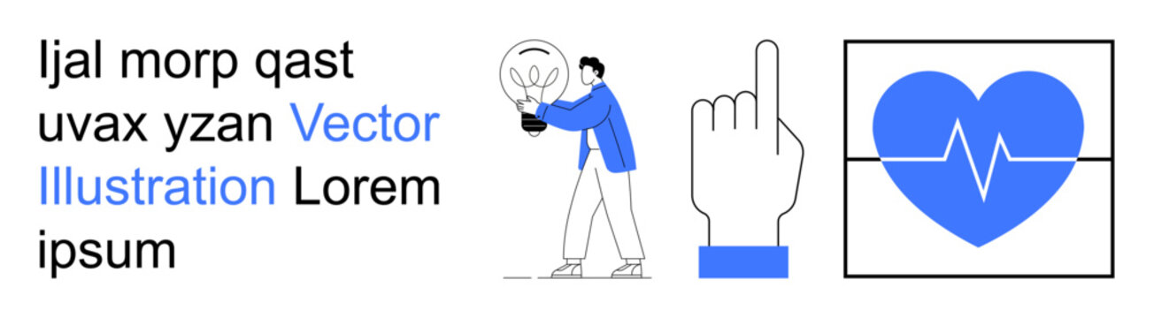 Innovation, healthcare, technology, communication, education, and teamwork. A person holding a lightbulb, a hand pointing up and a heart with a heartbeat line. Innovation and healthcare concepts