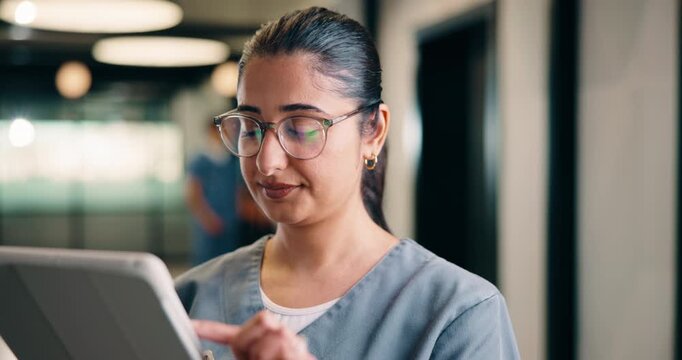 Tablet, woman and nurse in hospital for research on medical diagnosis, telehealth or treatment plan. Digital technology, professional and healthcare worker with app for feedback on clinical trial.