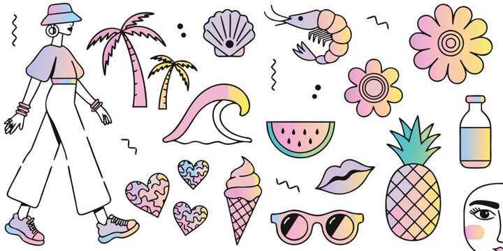 Summer aesthetic stickers set with fashionable girl and tropical items