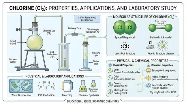 Chlorine (Cl₂): Properties, Industrial and Laboratory Applications with Detailed Gas Generation Apparatus, Molecular Structure Models, Physical&ndash;Chemical Data and Common Uses as Disinfectant, Bleaching