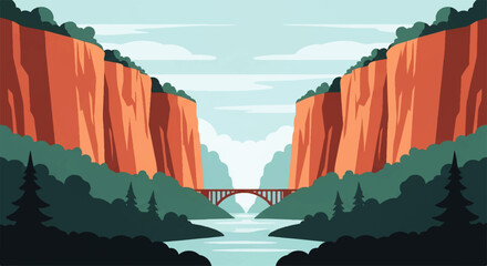 Vector flat design illustration of a majestic canyon landscape with a river flowing under a bridge with distant © denigraphic