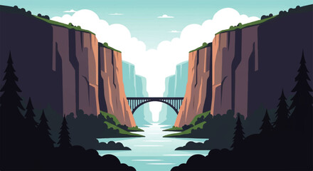 Vector flat design illustration of a majestic canyon with a river flowing under a bridge and dramatic cliffs © denigraphic