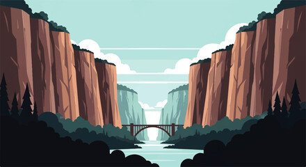 Vector flat design illustration of a majestic canyon landscape with a river and bridge under a clear sky © denigraphic