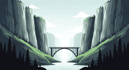 Vector flat design illustration of a scenic mountain valley with a bridge over a river and lush green forests © denigraphic