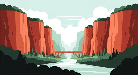Vector flat design illustration of a majestic canyon landscape with a river flowing under a bridge © denigraphic