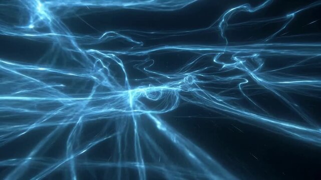 Blue flowing light strands forming abstract waves on a dark background, concept of energy motion and futuristic connectivity