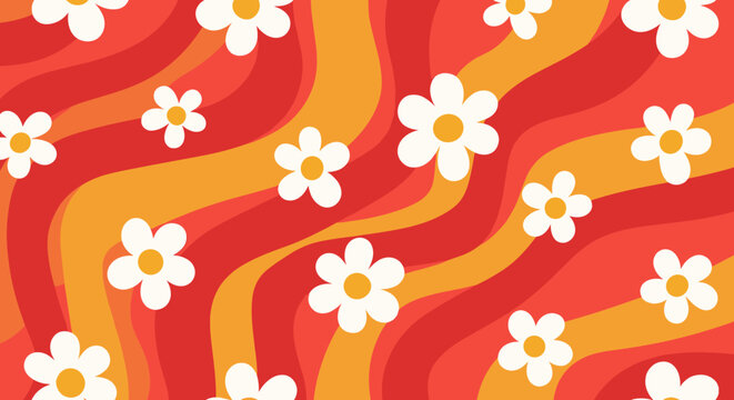 retro daisy flower seamless pattern with groovy waves colorful background illustration
