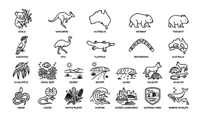 Australian Nature Line Icon Set Featuring Koala Kangaroo Wildlife and Outback Symbols © Shameem