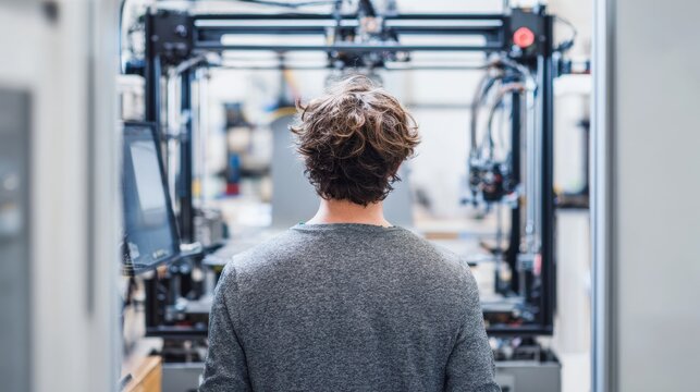 Caucasian engineer finetuning printhead in research workshop, delicate adjustments to extruder and nozzle, closerange focus, manual tools on bench, technical atmosphere, material experiments
