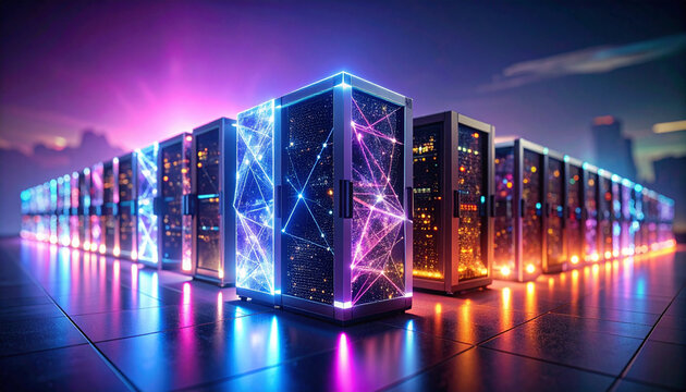Futuristic glowing data center server racks with bright neon lights on a digital grid