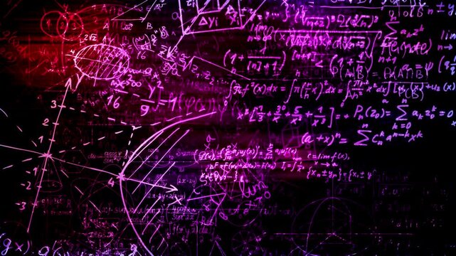 Neon math equations, purple pink formulas, blackboard background