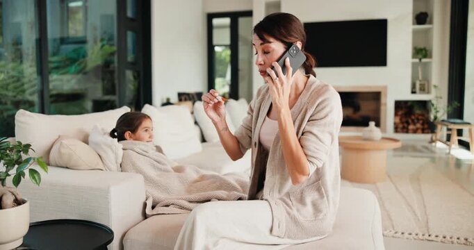 Thermometer, phone call and mother with daughter on sofa for influenza, telehealth and monitor temperature. Illness, virtual doctor and contact with woman and child in living room of family home