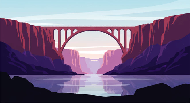 Majestic arch bridge spanning a vast canyon with a river below, rendered in a vibrant vector flat design illustration