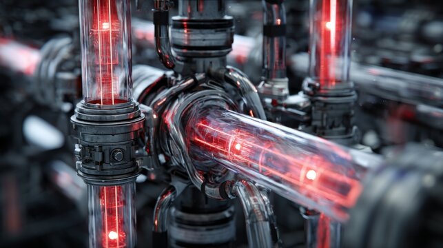 Close-Up View of Cybernetic Machinery with Glowing Red Liquid Energy in Futuristic Industrial Design