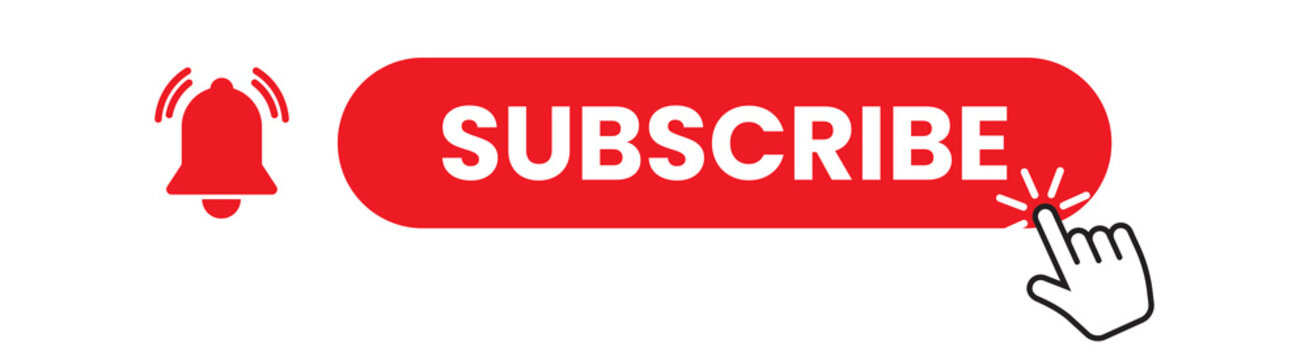 Modern Subscribe Button Icons Set with Bell Notification and Click Hand for Social Media and YouTube