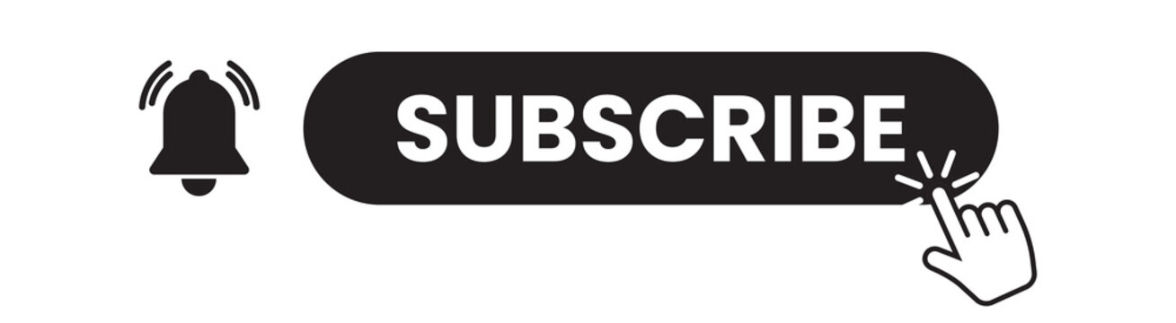 Modern Subscribe Button Icons Set with Bell Notification and Click Hand for Social Media and YouTube
