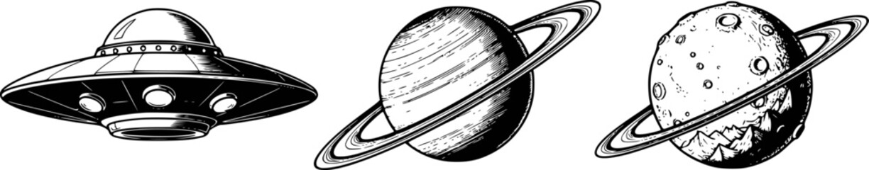 Vintage style ufo, ringed planet, and moon with mountains white background flying © Anjuman_42