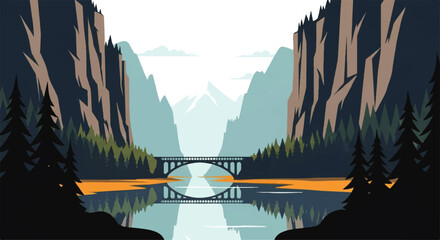 Vector flat design illustration of a majestic mountain valley with a bridge over a reflective lake and pine trees © denigraphic
