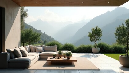 Fototapeta premium Modern terrace with sofa and coffee table overlooks misty mountains. Rich green plants surrounds outdoor seating area. Peaceful retreat with panoramic nature views.