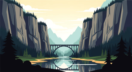Slats personalizados com sua foto Vector flat design illustration of a majestic mountain canyon with a river and bridge under a soft sky