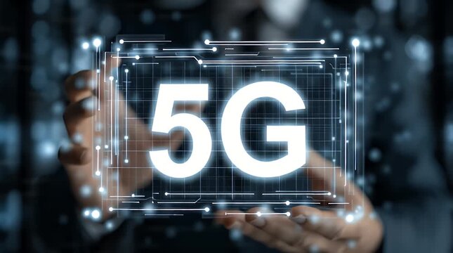 5g wireless technology interface glowing between hands in a futuristic data center with a premium cinematic lateral pan for telecommunications marketing