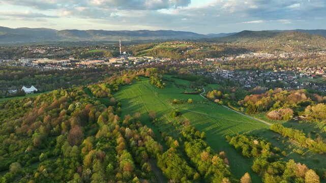 Spring Orchards and Rolling Green Hills Aerial View