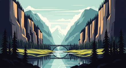 Serene mountain valley landscape with a bridge over a reflective river in a vector flat design illustration style © denigraphic