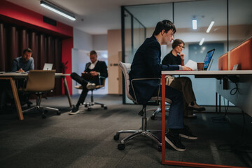 Fototapeta premium A business professional with Down syndrome works focused at a laptop in a modern office. Colleagues share the open coworking space and work independently nearby.