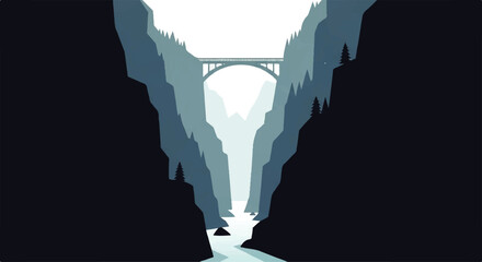 Vector flat design illustration of a majestic bridge spanning a deep canyon with a river flowing © denigraphic