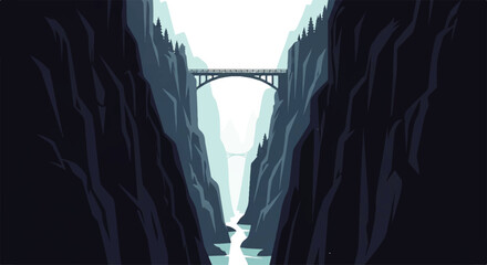 Vector flat design illustration of a dramatic canyon with a bridge spanning the gorge and a river flowing © denigraphic