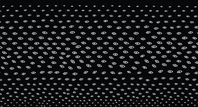Abstract background featuring repetitive eye icons scattered across dark surface creating mysterious surveillance concept or vision oriented digital wallpaper.