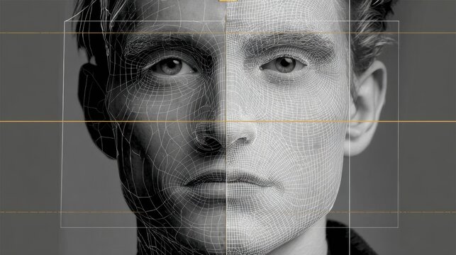 Closeup man face split between photographic skin and wireframe mesh, horizontal grid overlays, neutral expression, highcontrast monochrome lighting, biometric mapping with facial landmarks, data