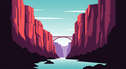 Vector flat design illustration of a majestic canyon with a river and bridge under a clear sky © denigraphic