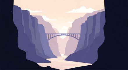 Vector flat design illustration of a scenic canyon landscape with a bridge over a river at sunset © denigraphic