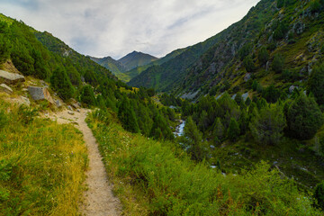 Fototapeta premium Scenic Mountain Valley with Hiking Trail and River in Kyrgyzstan