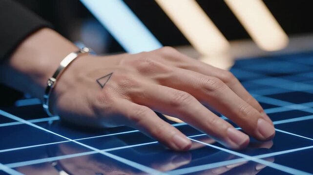 Close-up of a person's hand with a small triangle tattoo resting on a futuristic blue grid surface.
