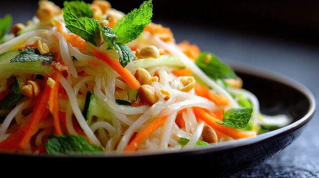 Healthy asian noodle salad dish served with fresh mint leaves grated carrots crunchy peanuts and cucumber slices. Delicious vietnamese style cold glass noodles platter for nutritious meal concept