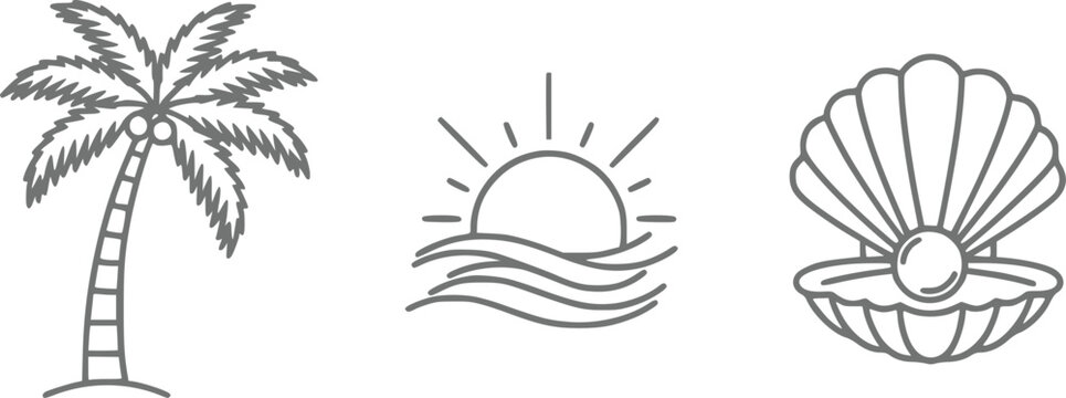 A set of three minimalist line featuring a tropical palm tree, a rising sun over ocean waves, and an open seashell with a pearl, representing a summer vacation and beach theme