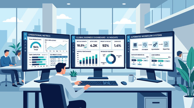 Professional analyzing comprehensive business data on multiple digital dashboards in a modern office environment, showcasing advanced analytics and efficient information management