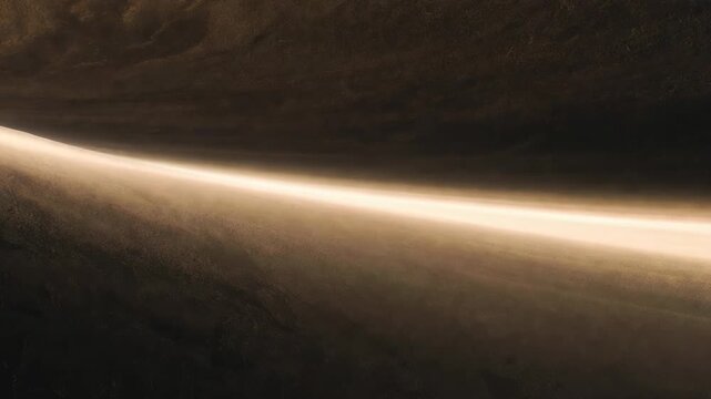 Glowing horizontal light band over dark textured terrain in artistic style on shadowy background, concept of mystery and energy