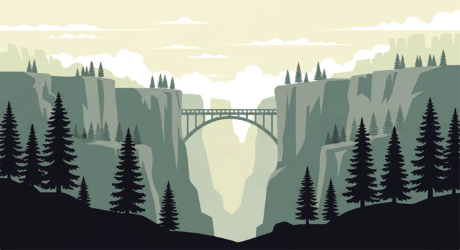 Vector flat design illustration of a scenic mountain canyon with a bridge spanning the gap and pine trees