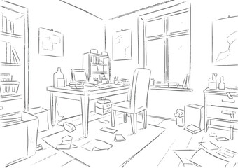 Fototapeta premium A black and white line of a messy home office interior featuring a desk, chair, bookshelves, and scattered papers on the floor