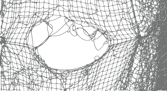 A close-up view of a torn and tangled grey fishing net isolated against a plain white background